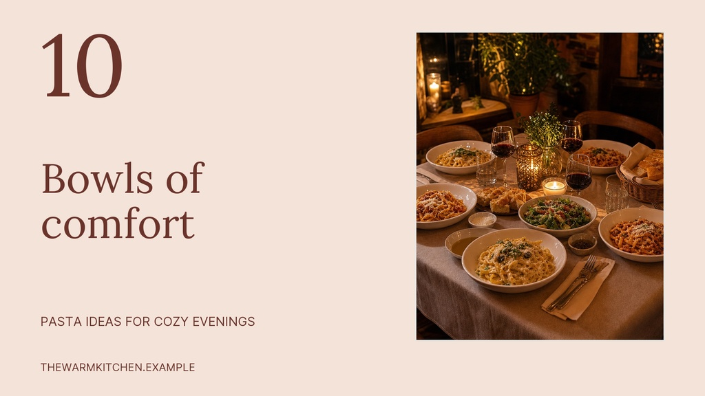 Landscape template with the text Ten Bowls of Comfort and a photo of pasta dishes on a table.