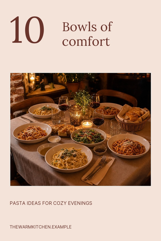 Portrait Pinterest pin template with the title Ten Bowls of Comfort and a table full of pasta dishes