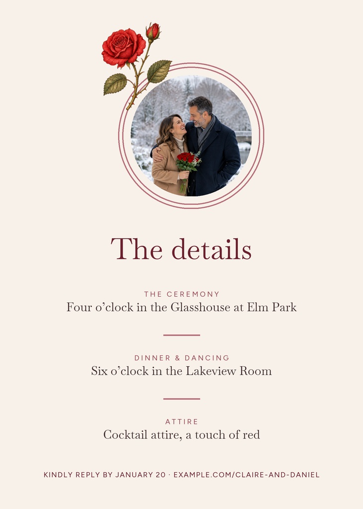 Elegant portrait details card with a couple photo, red rose, and ceremony information.