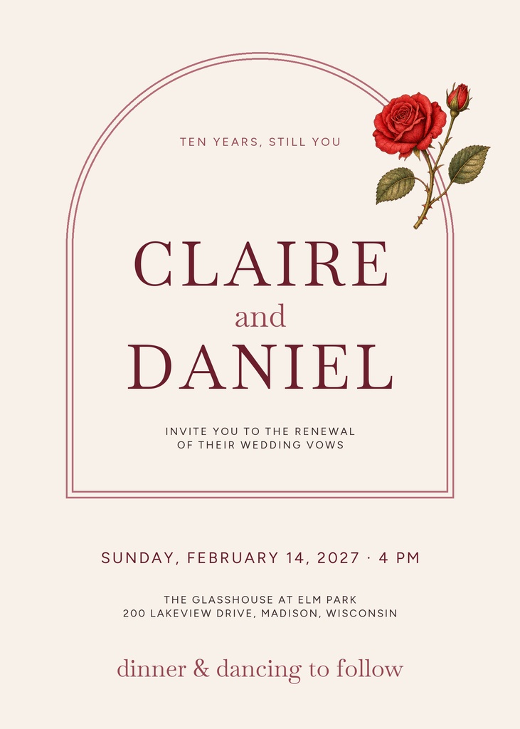 Portrait wedding invitation with burgundy text and red rose floral corner on a cream background