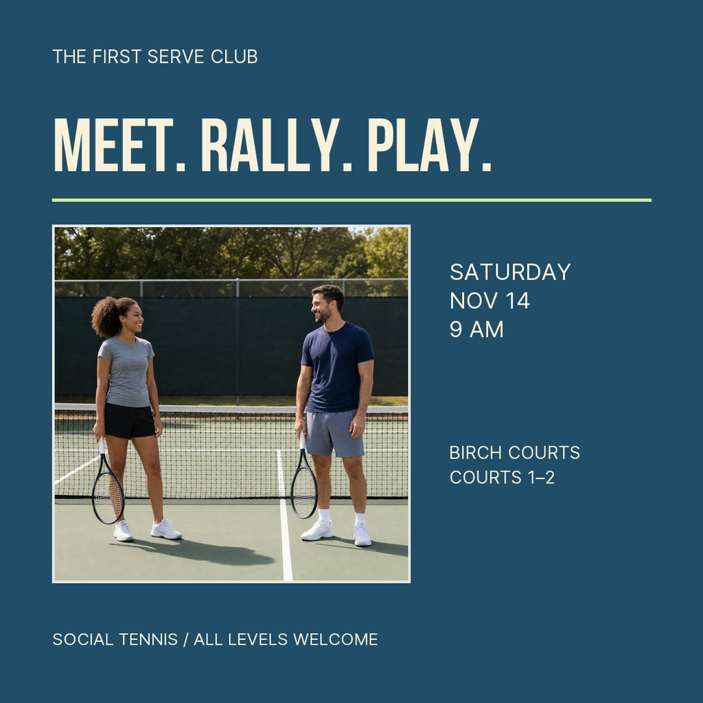 Square tennis club poster with two players on a court and event details