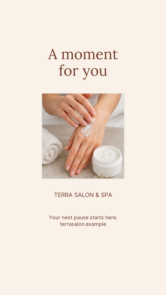 Minimal Instagram story design with manicure photo, spa branding, and centered text on a beige background.