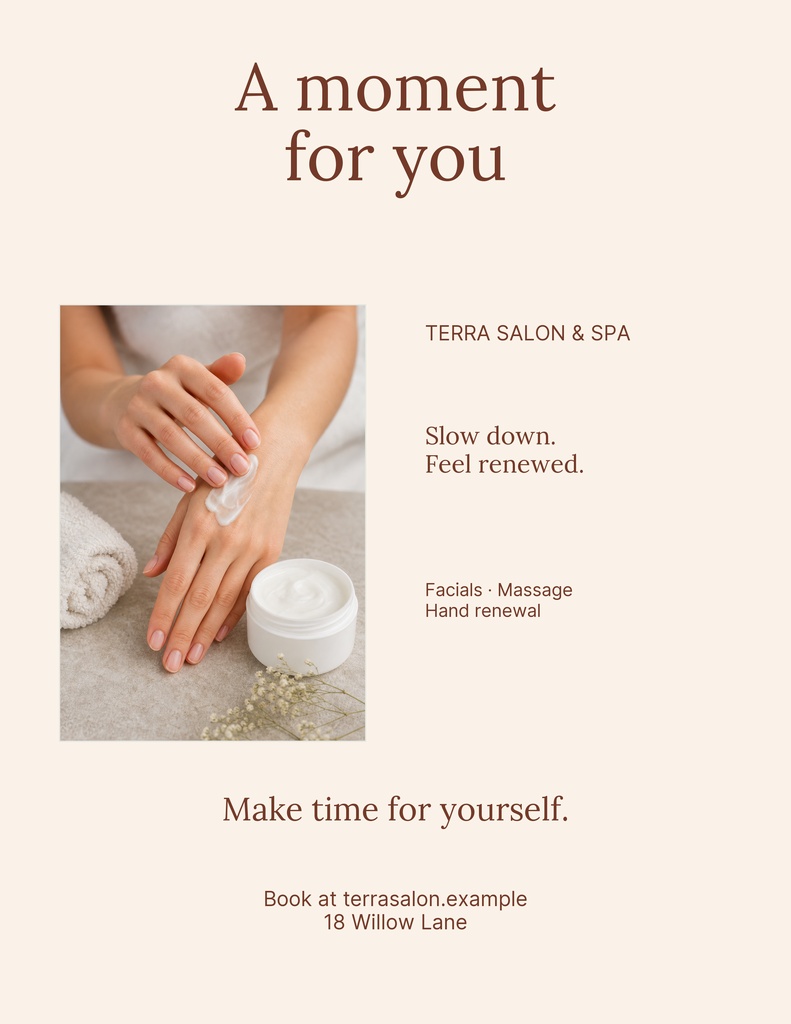Minimal salon flyer with hands and cream jar on a soft beige background