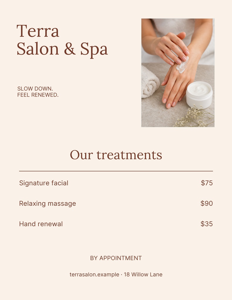 Portrait salon and spa price list with treatments, prices, and a hand cream photo
