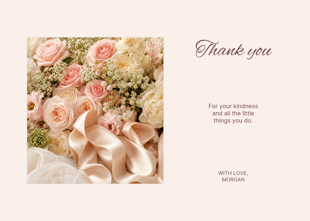 Floral thank you card with roses, ribbon, and elegant text on a soft background