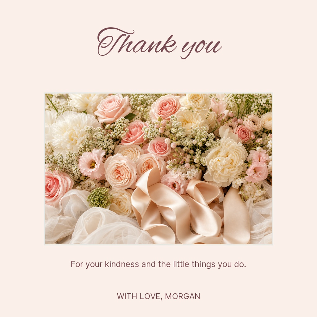 Pastel floral thank you card with roses, ribbon, and the message 'Thank you'.