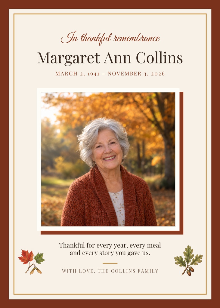 Portrait memorial card with a smiling woman’s photo, autumn leaves, and thankful remembrance text