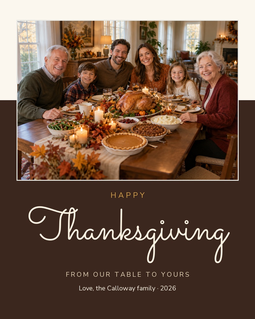 Family seated around a Thanksgiving table with a roasted turkey and fall decor on a portrait card layout.