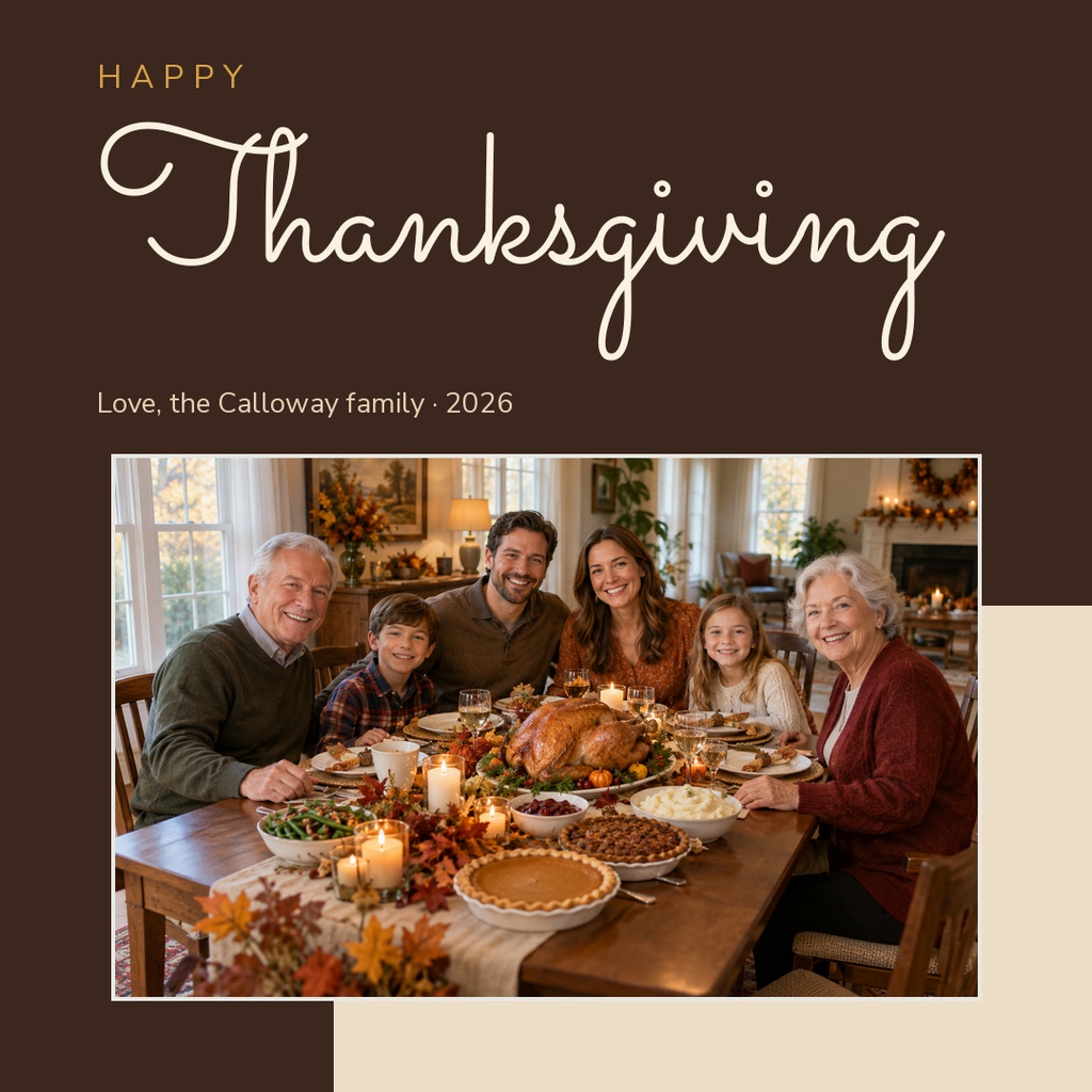 Family seated around a Thanksgiving dinner table with a large turkey and candles on a square card design.