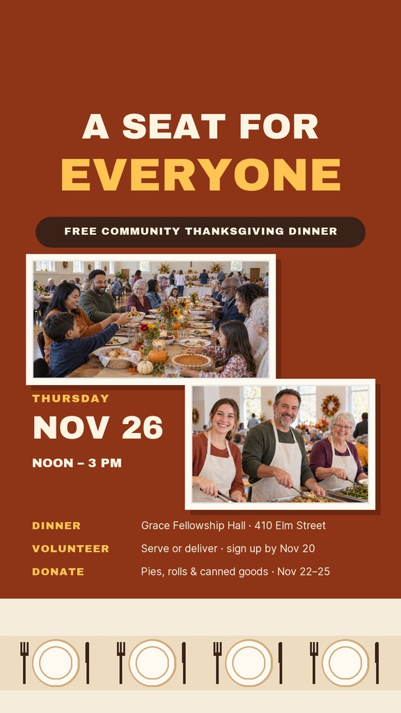 Instagram story design for a community Thanksgiving dinner with photos, date, and volunteer details.