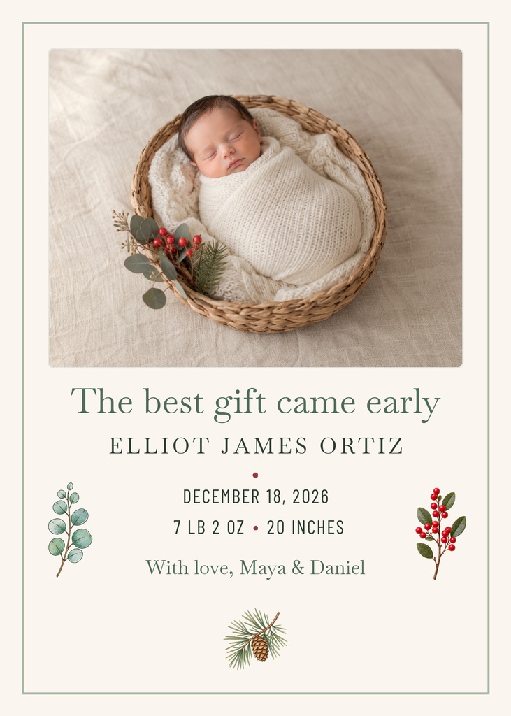 Portrait birth announcement template with sleeping newborn in a basket and winter greenery accents