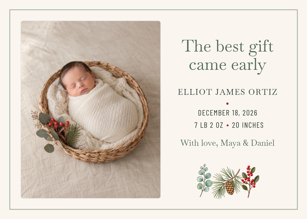 Landscape birth announcement with sleeping baby in a woven basket beside elegant text and winter greenery.