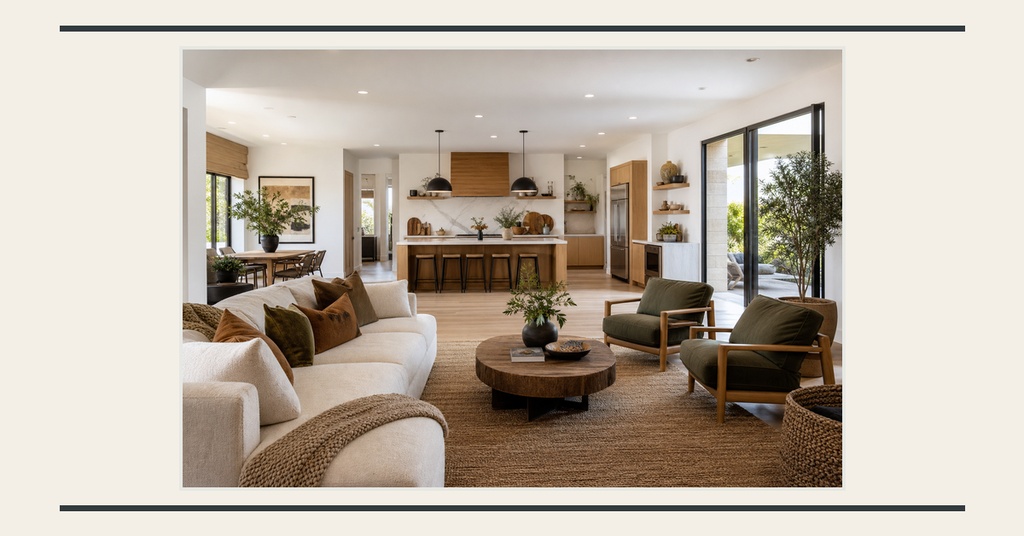 Bright loft living room with kitchen, seating area, and large windows in landscape layout