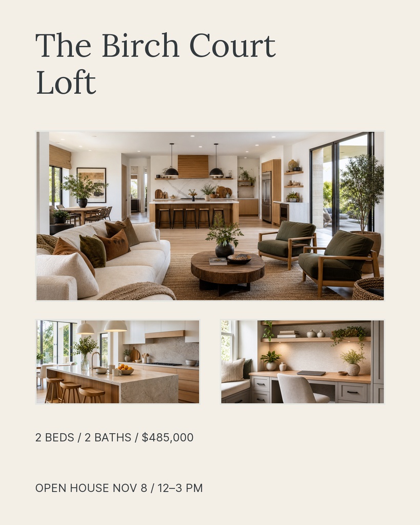 Portrait real estate post featuring loft photos, listing text, and open house details.