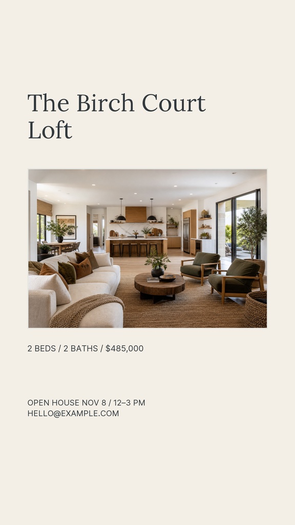 Portrait real estate story template featuring a loft living room, listing details, and open house contact text.