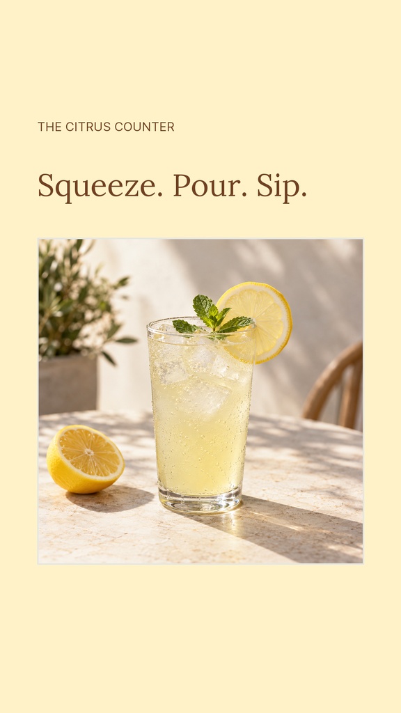 Portrait lemonade reel cover with a glass of fresh citrus drink and lemon slices on a pale background
