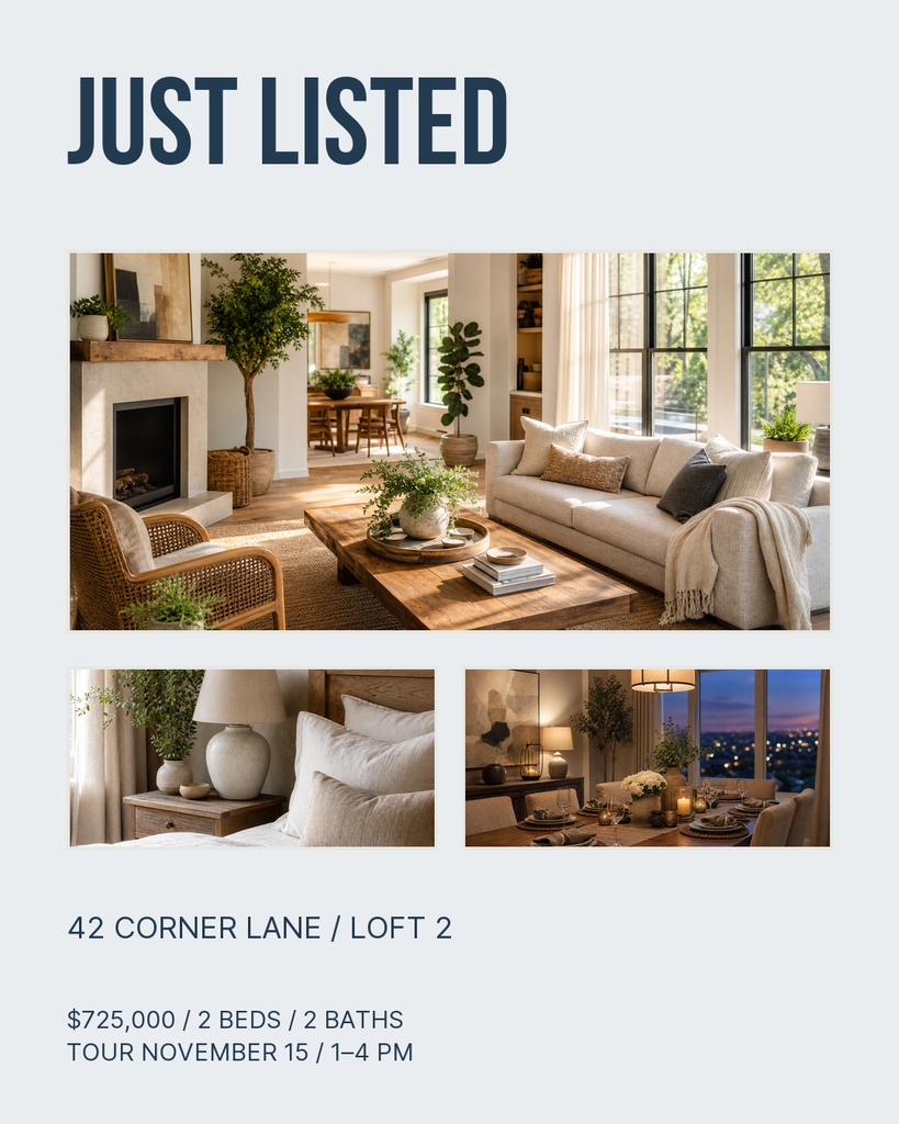 Portrait real estate listing poster with loft interior photos, just listed headline, and property details.