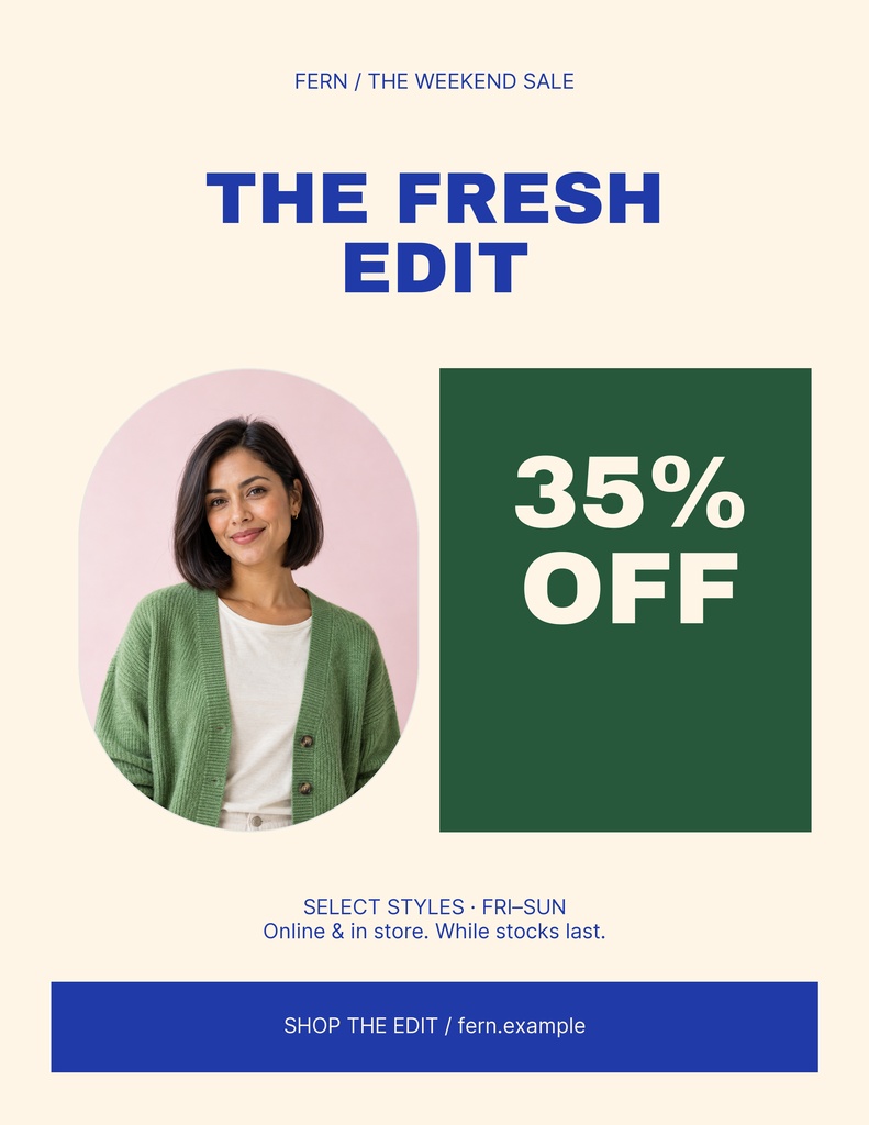 Portrait fashion sale flyer with a model, 35% off offer, and cream and green layout.
