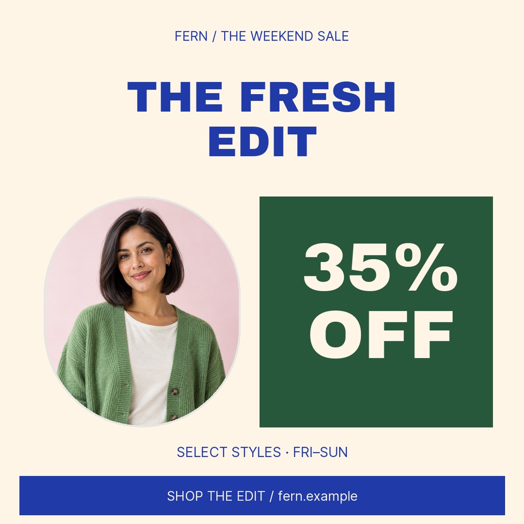 Square fashion sale post with a woman portrait and a 35% off message on green background.