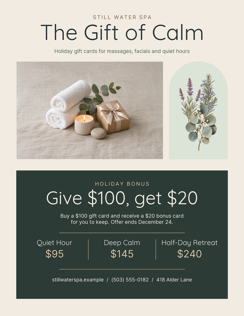 Spa flyer with towels, candle, gift box, botanical illustration, and holiday gift card offer text