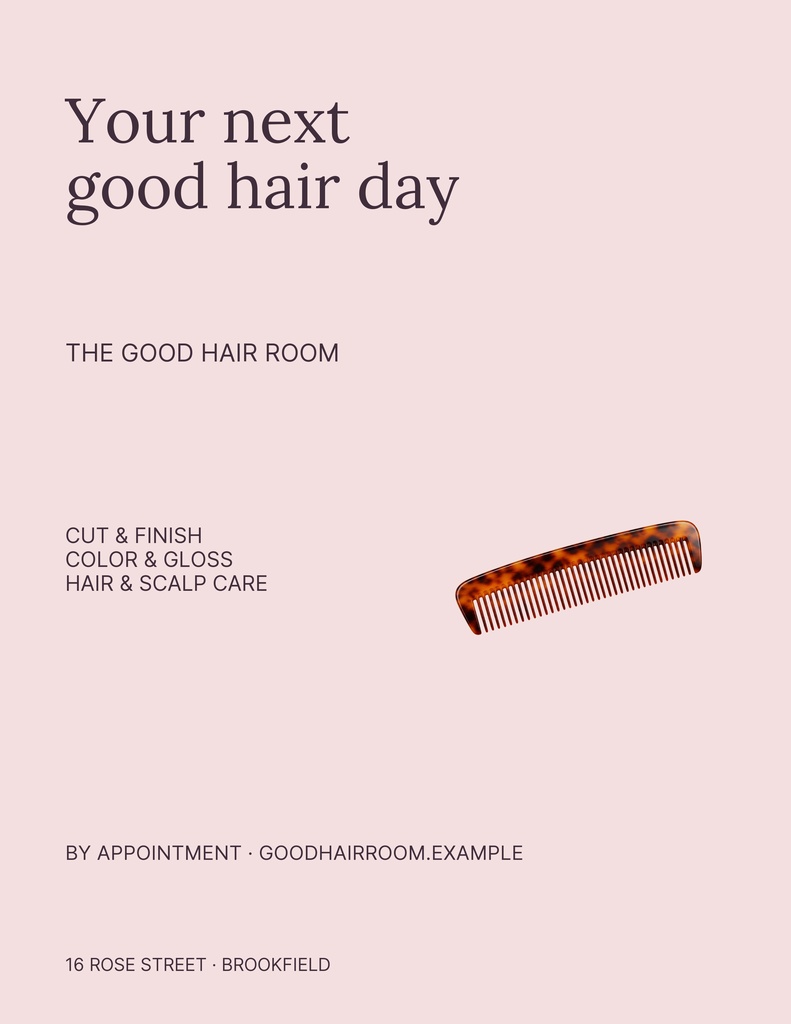 Minimal pink salon flyer with text, a comb graphic, and service details.