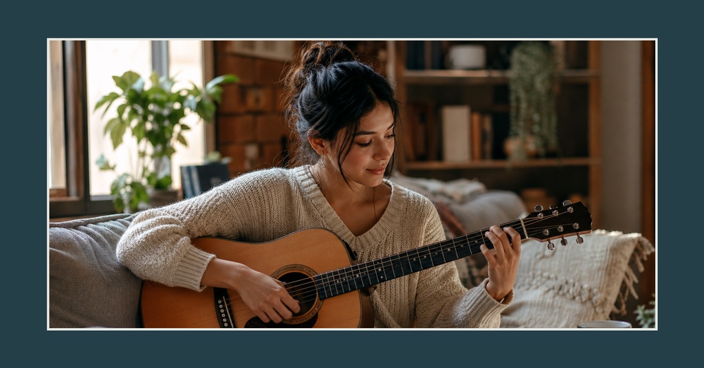 Woman playing acoustic guitar on a couch in a cozy living room.