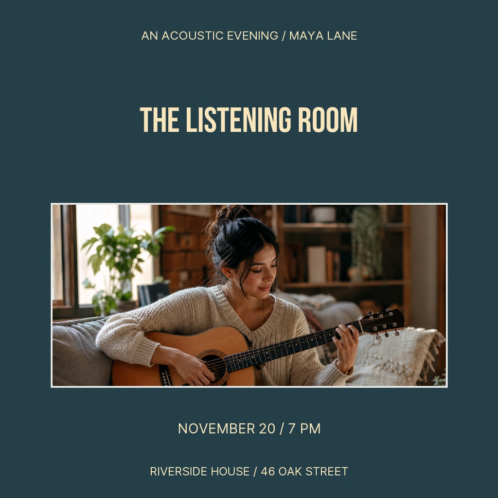 Square event poster with a woman playing acoustic guitar and text for The Listening Room.