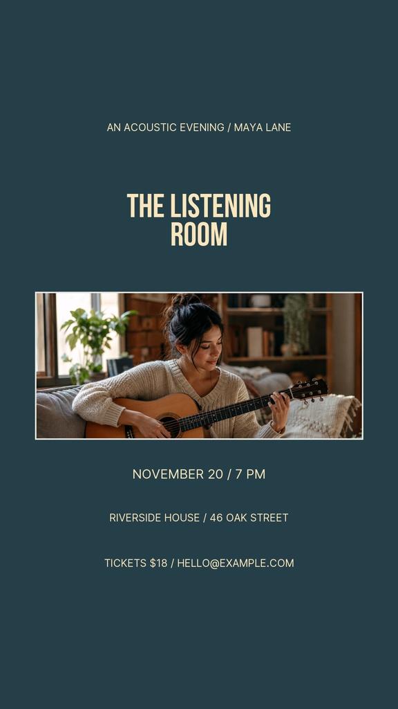 Portrait poster with a woman playing acoustic guitar in a cozy room for an evening music event.