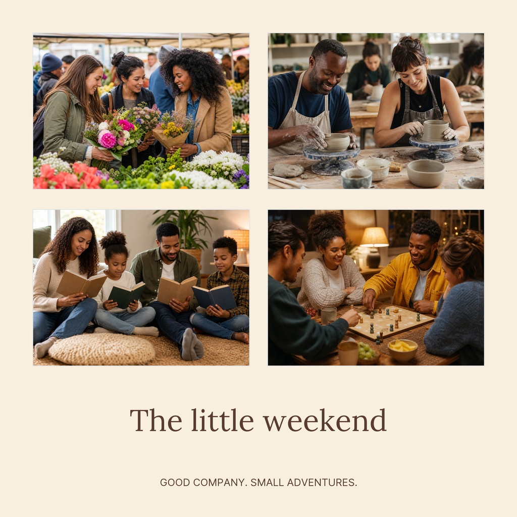 Square collage with four weekend scenes and the caption The little weekend.