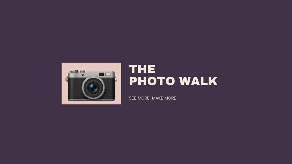 Minimal YouTube banner with a camera icon and the words The Photo Walk.