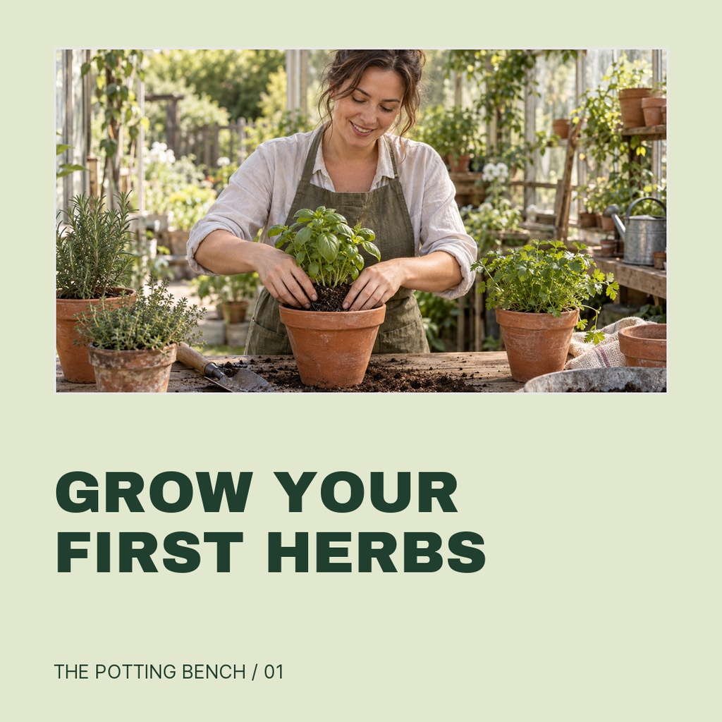Woman planting herbs in a terracotta pot at a potting bench with bold text below.