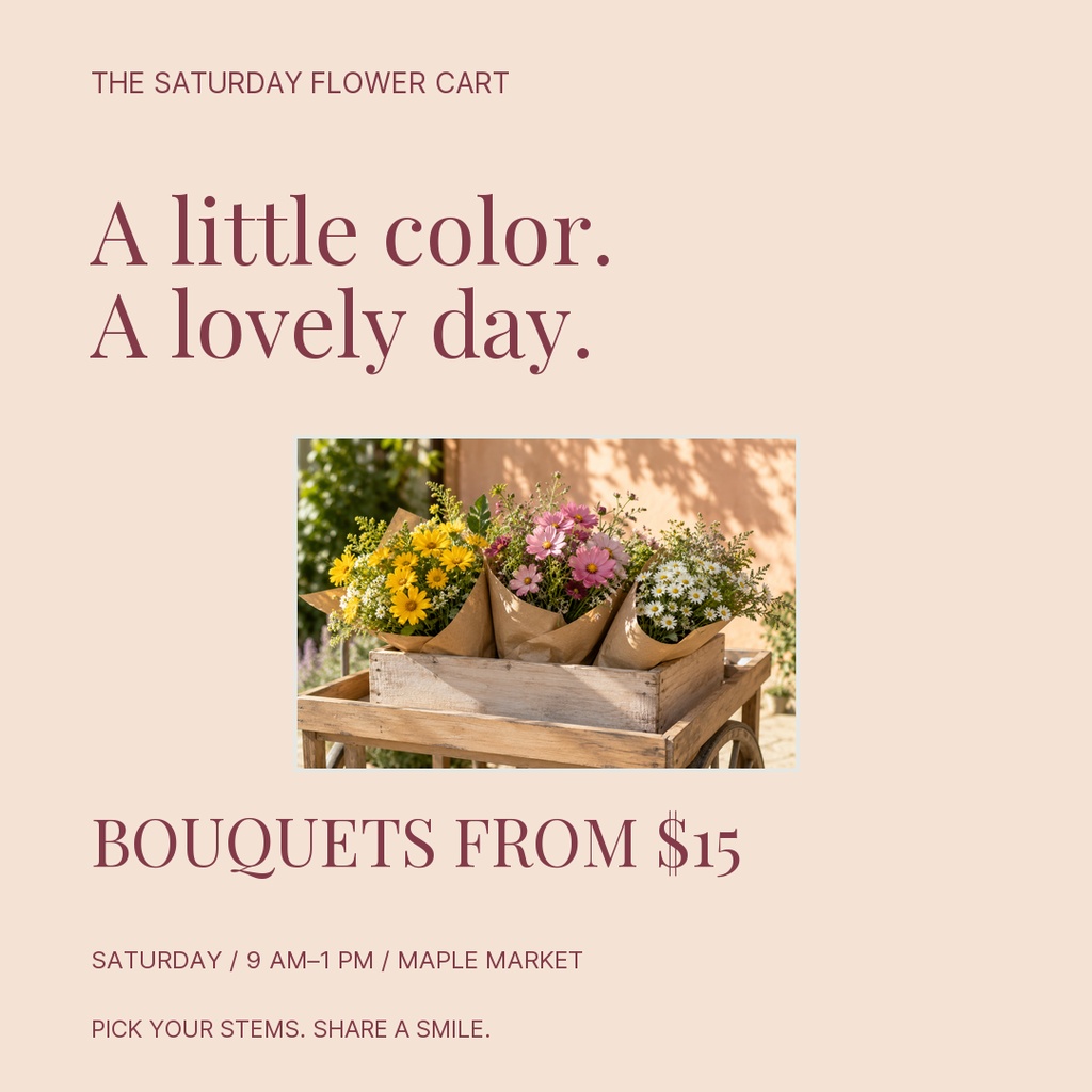Square post template with flower cart photo, bouquet sale text, and soft beige background