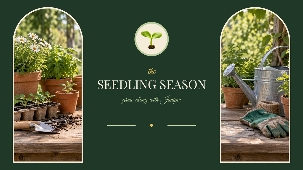 Spring garden YouTube banner with potted plants, watering can, gloves, and seedling season text.