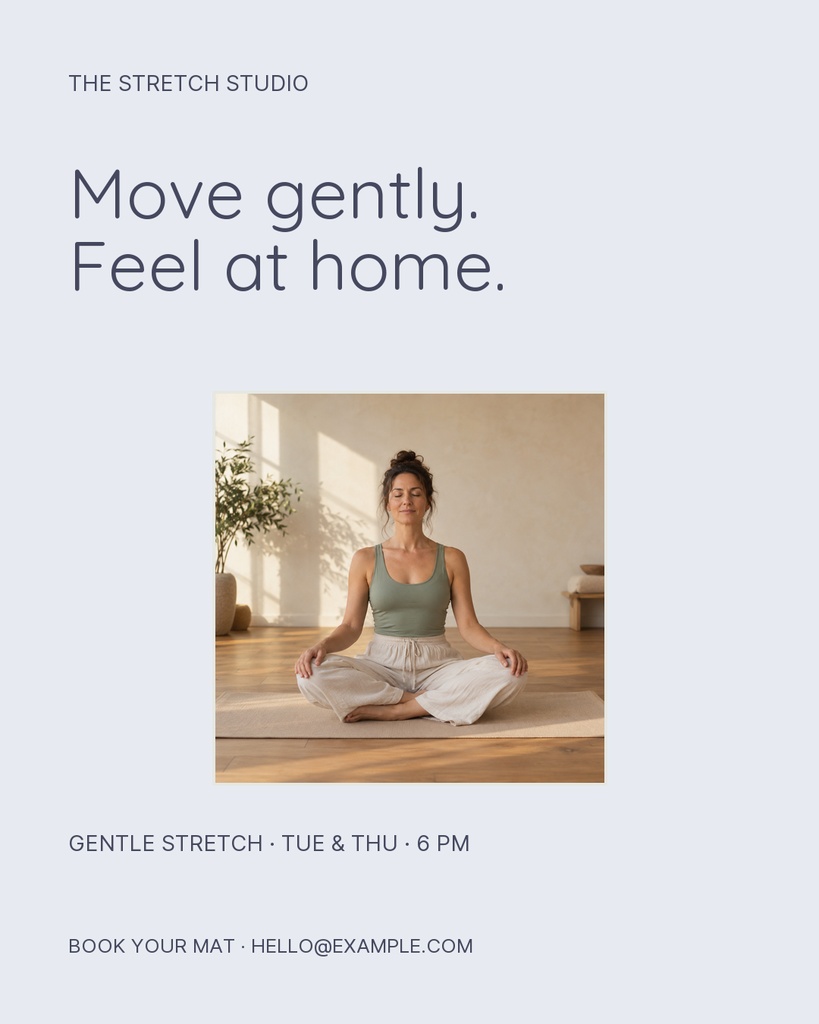 Yoga studio portrait post with a woman seated cross-legged in a calm studio setting.