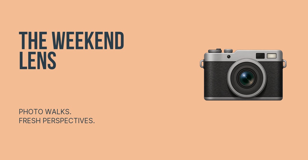 Minimal photography group cover with The Weekend Lens text, a camera illustration, and a peach background.