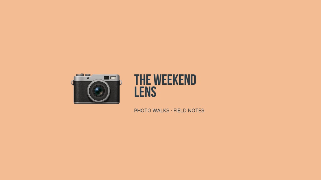 Minimal peach YouTube banner with a camera icon and the words The Weekend Lens.