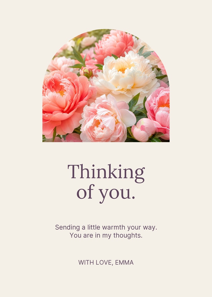 Portrait greeting card with floral arch and the message 'Thinking of you.'