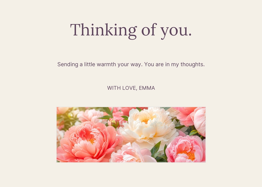 Landscape greeting card with a thinking of you message above pink and white flowers