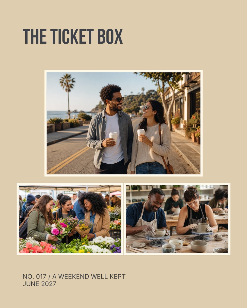 Scrapbook-style memory page with three photos, bold title, and weekend date text on a beige background.