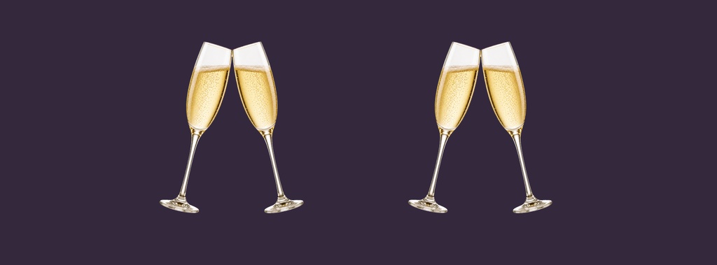 Two pairs of champagne flutes clinking on a dark purple background.