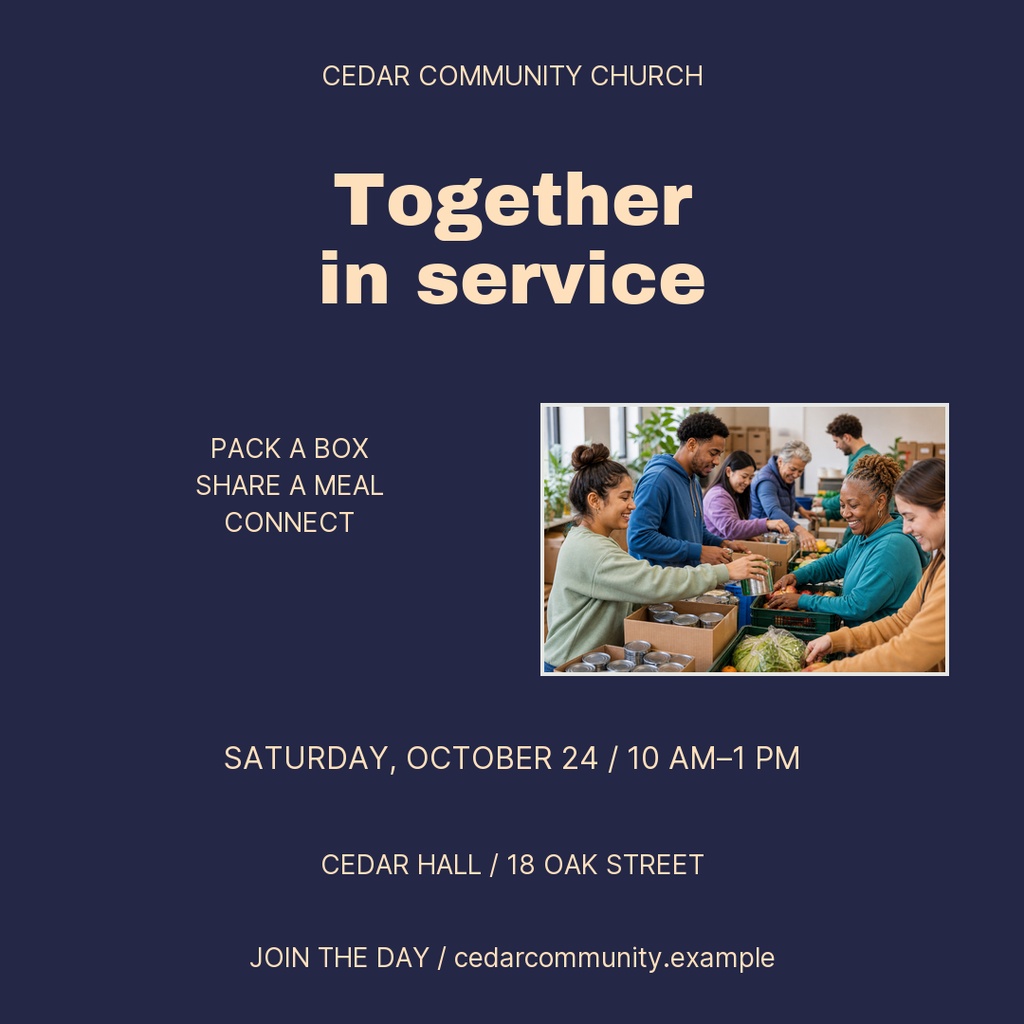 Square church event poster with volunteers packing boxes and text reading Together in Service.
