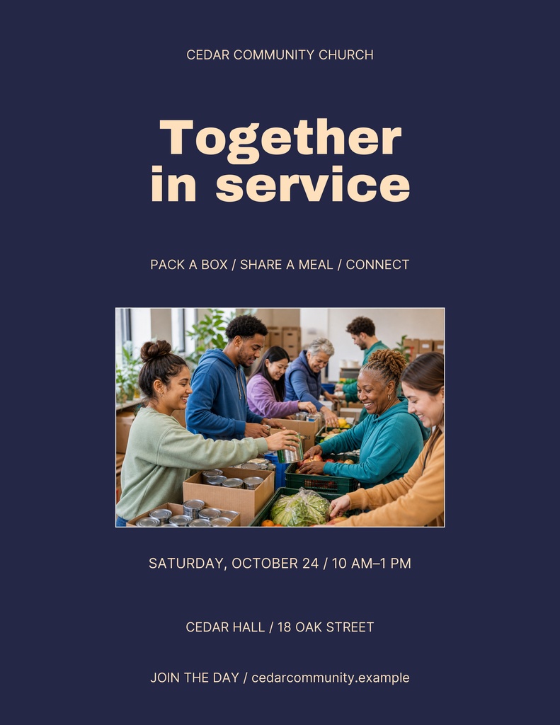 Portrait flyer with church volunteer event text and a photo of people packing food boxes together.