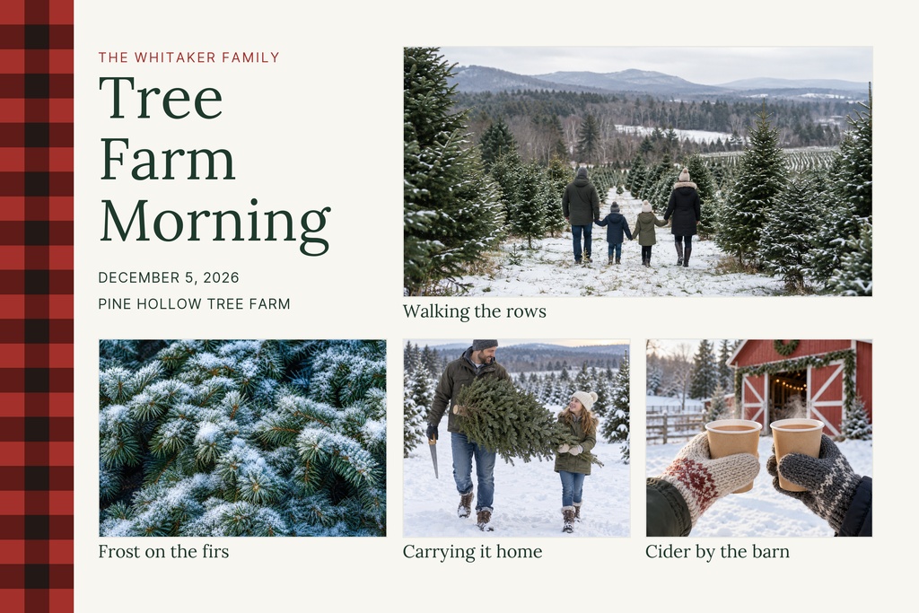Holiday photo collage with a family at a Christmas tree farm and winter scenes.