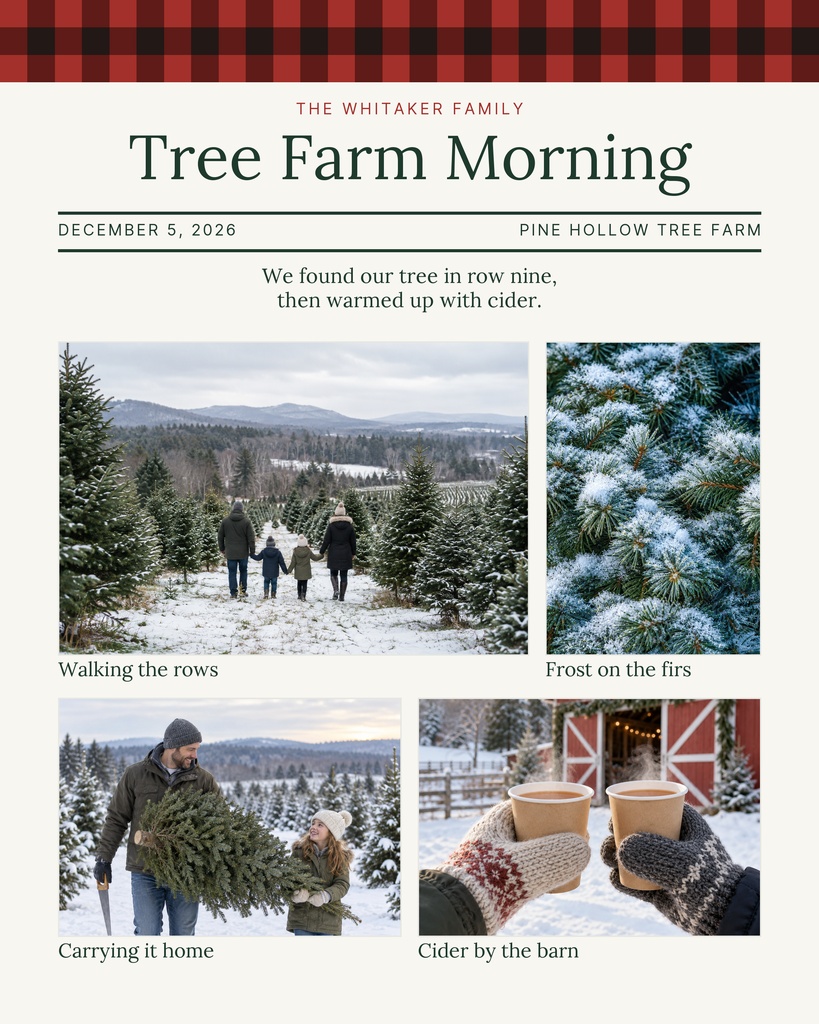 Scrapbook-style photo collage page with family at a Christmas tree farm, snowy pines, and cider by the barn.