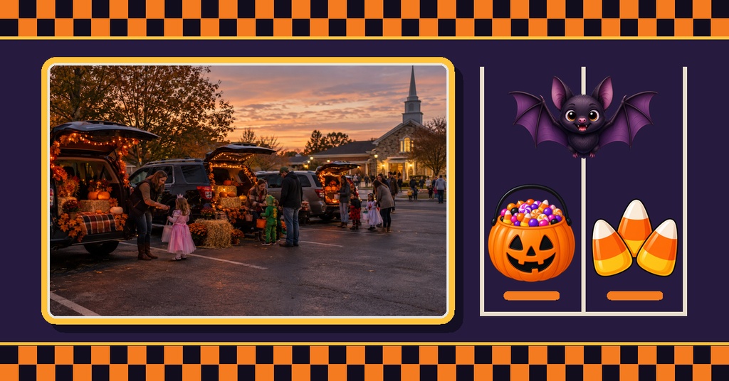 Halloween trunk or treat event cover with a sunset photo, pumpkin bucket, candy corn, and bat graphic.
