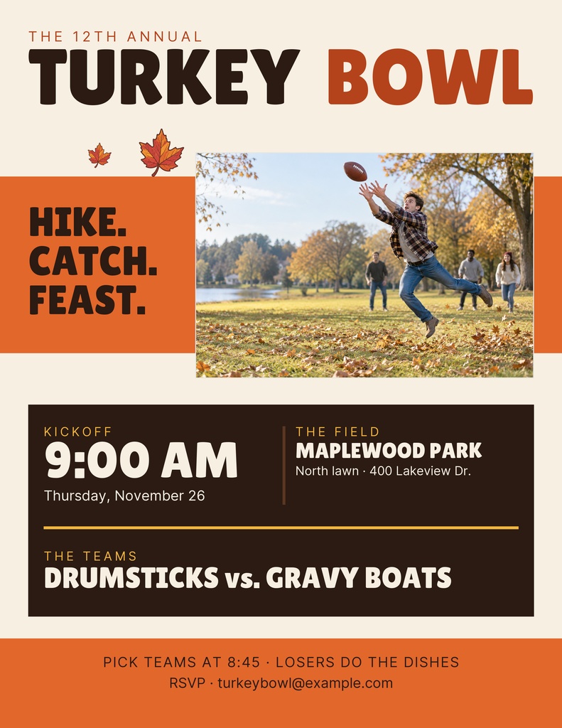 Portrait football flyer with a Turkey Bowl title, game details, and a player catching a pass in autumn leaves.