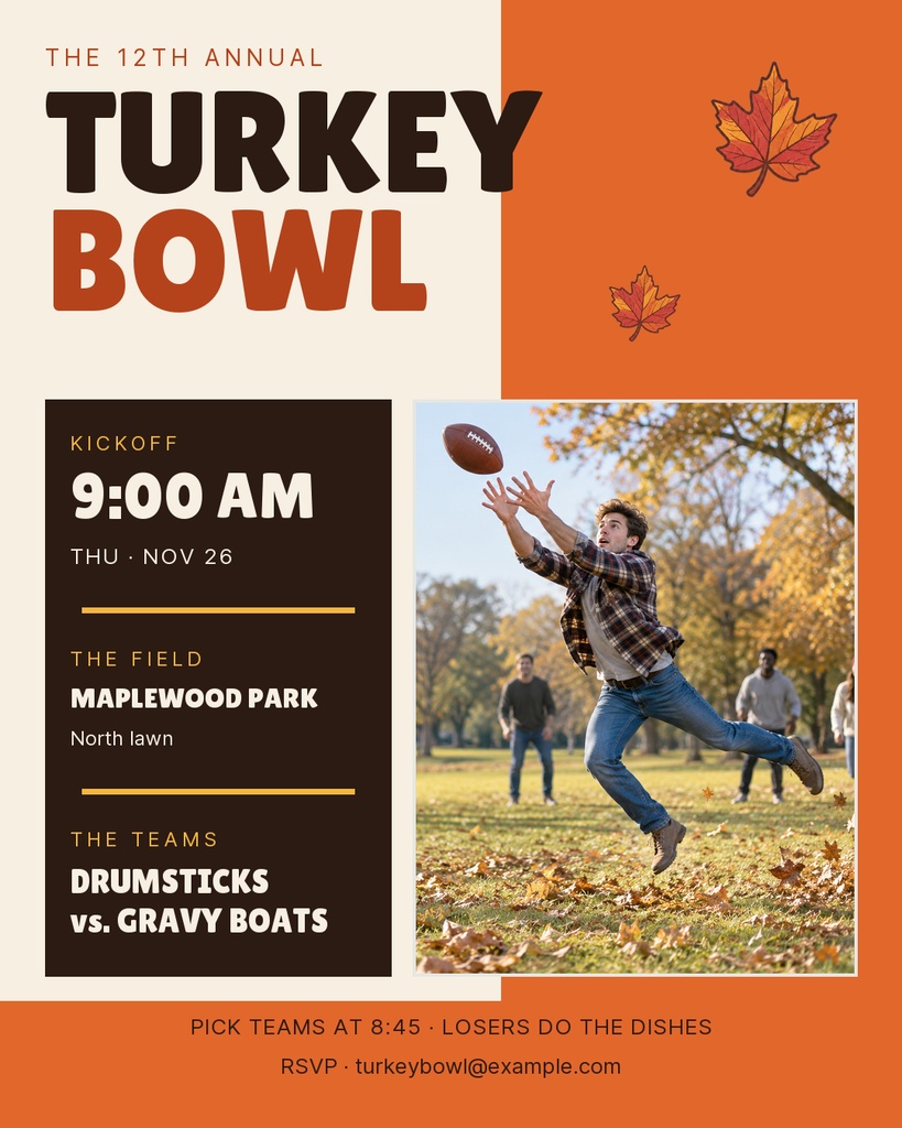 Portrait post template with Turkey Bowl title, football details, and a player catching a pass outdoors.