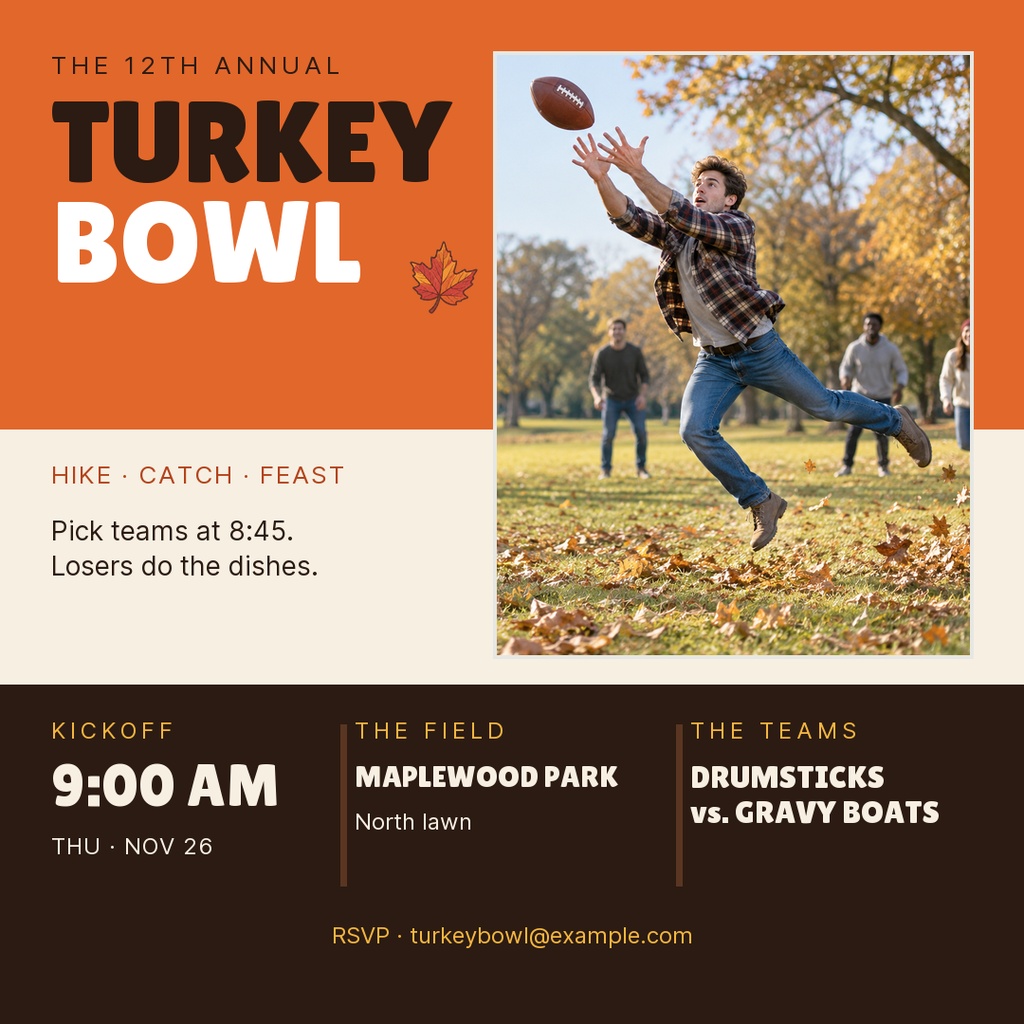 Square Thanksgiving football post with a player catching a ball and Turkey Bowl event details.