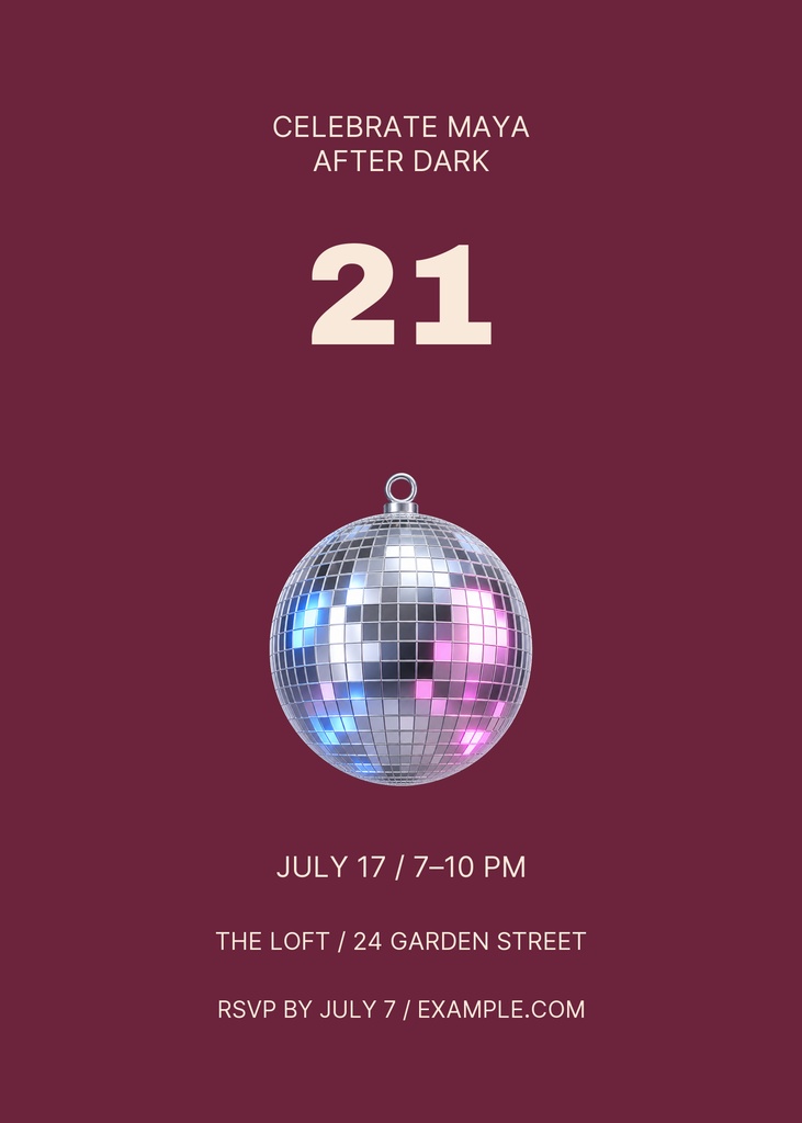 Portrait 21st birthday invitation with maroon background, disco ball, and event details.