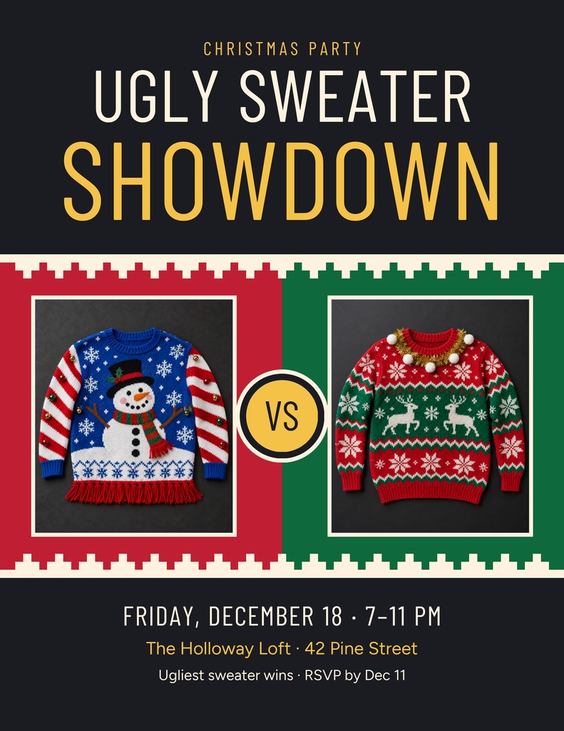 Portrait Christmas party flyer with ugly sweater showdown text and two sweater images